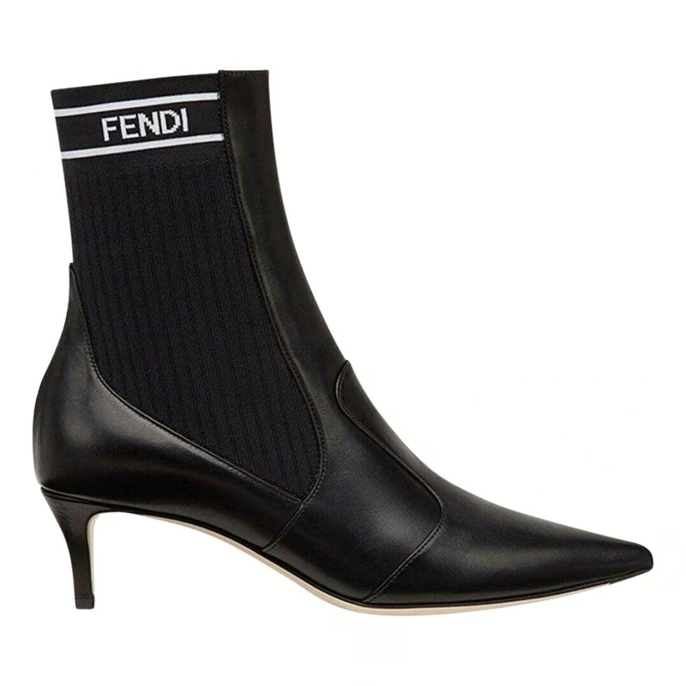 Fendi Rockoko Black Scuba Stretch FF Logo Knit Sock Ankle Kitten Heel Boot 35.5
